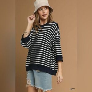Umgee Ribbed Hem Striped Oversized Knit Top